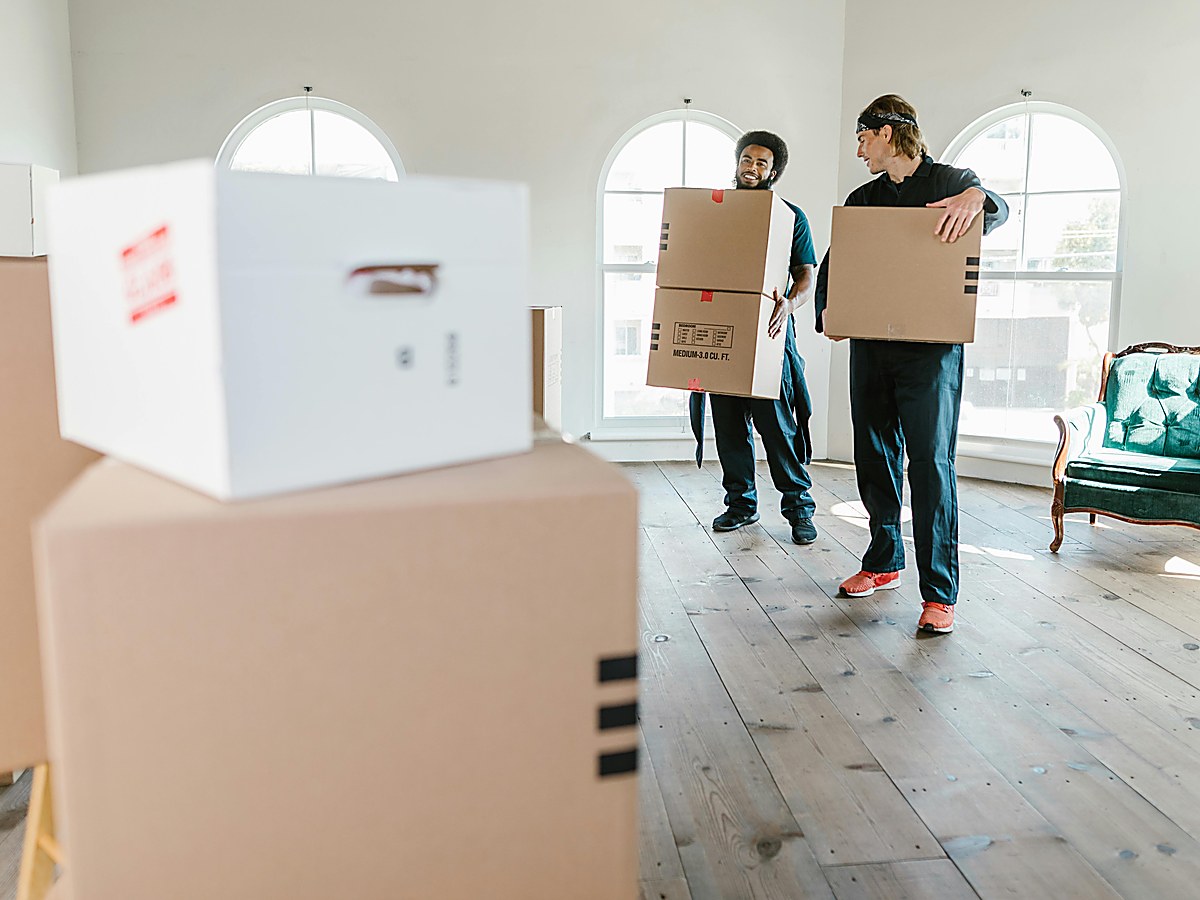 Professional relocation team carrying boxes