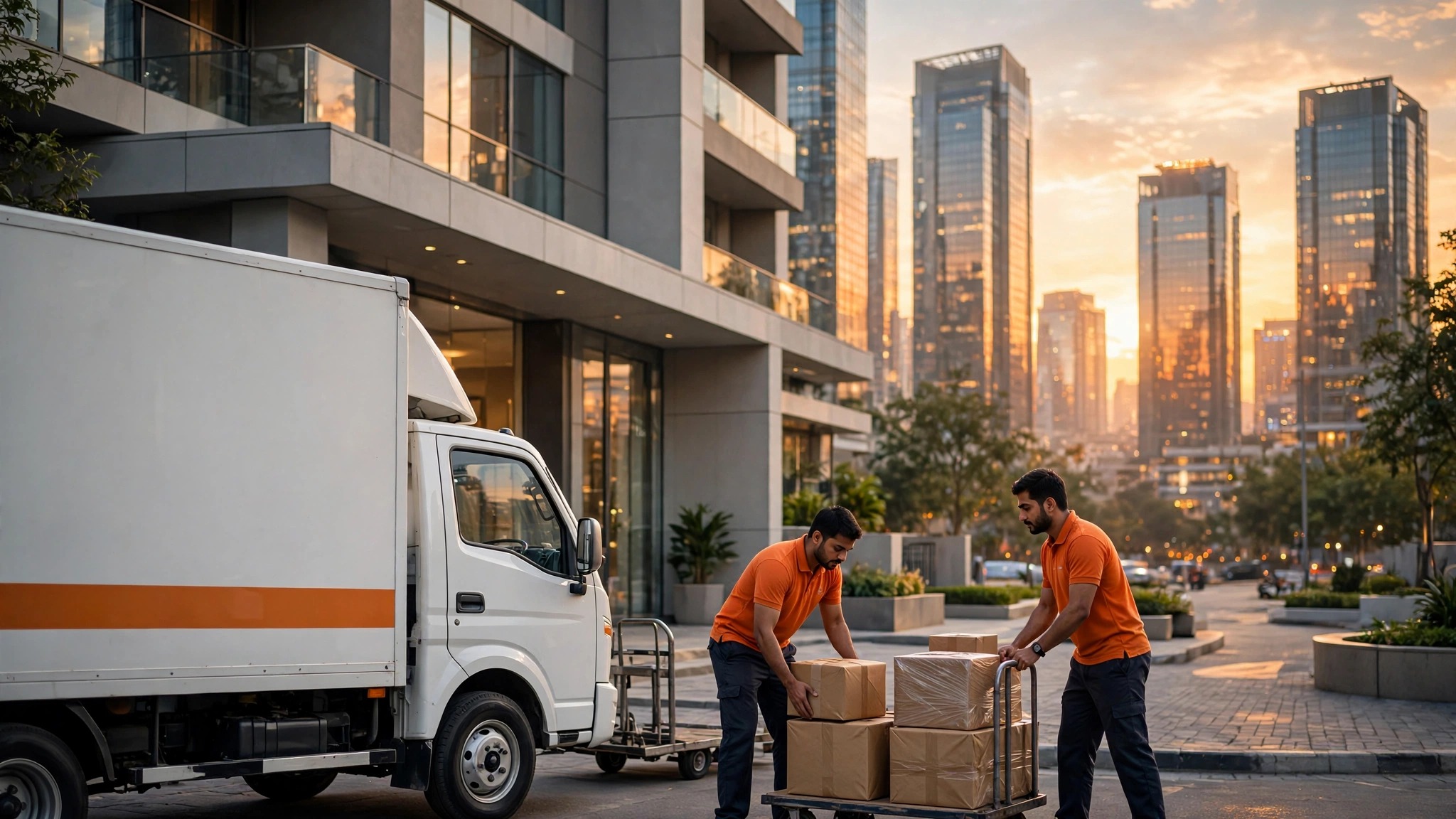 EzRelocation crew unloading at a Gurgaon high-rise