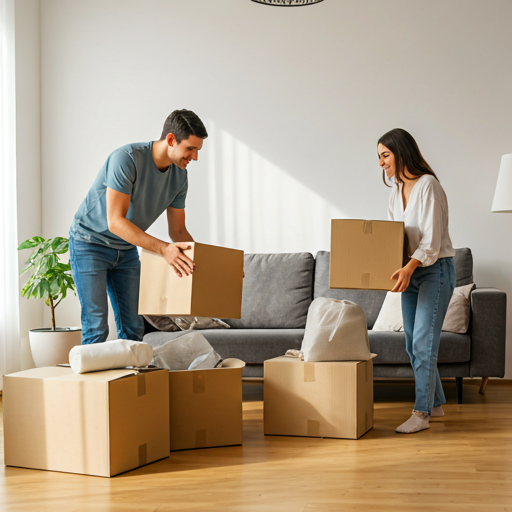 Happy couple unpacking boxes in a modern sunlit living room