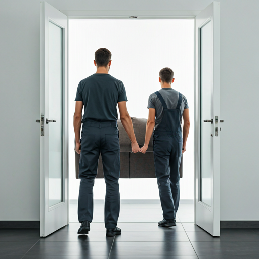 Two professional movers carefully carrying a sofa through a doorway