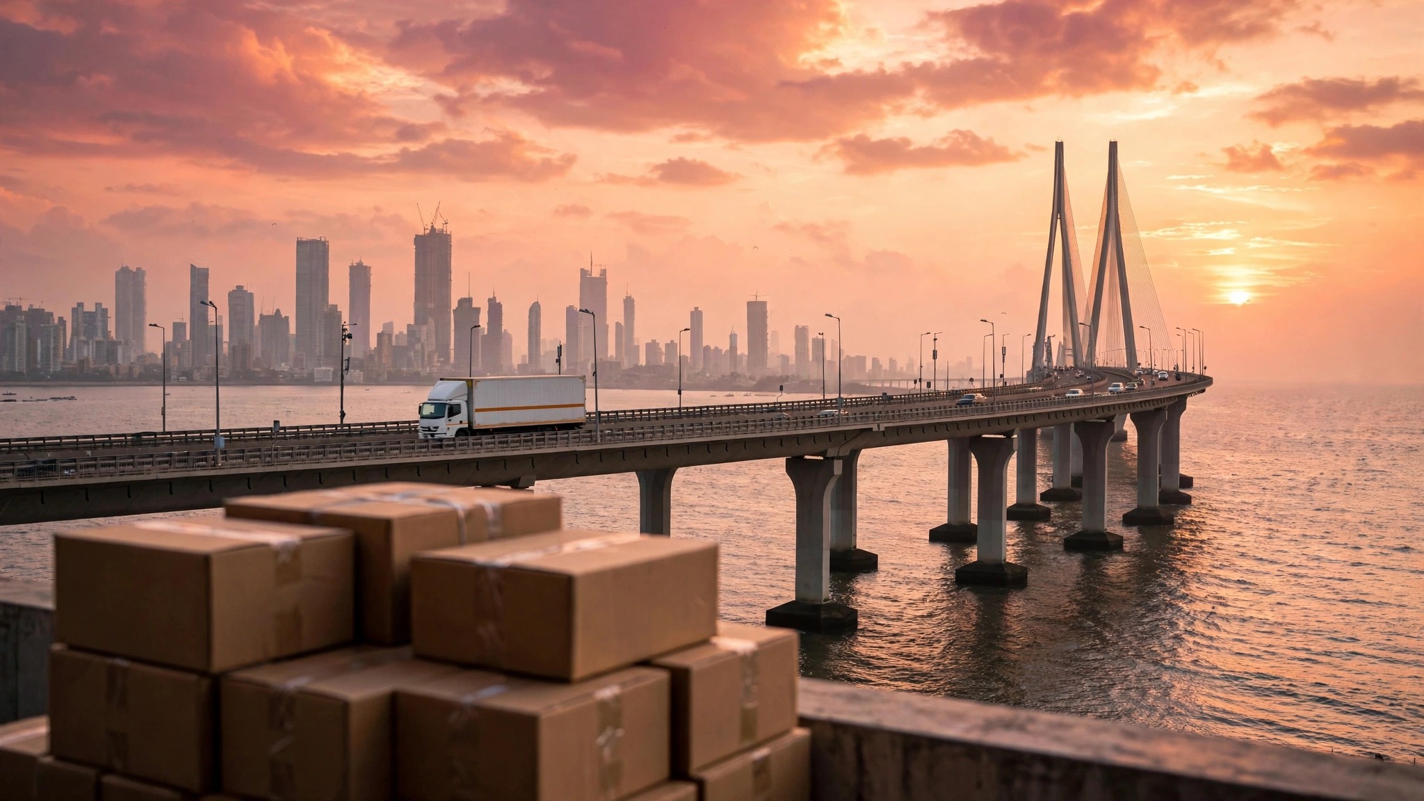 EzRelocation truck crossing the Bandra-Worli Sea Link, Mumbai